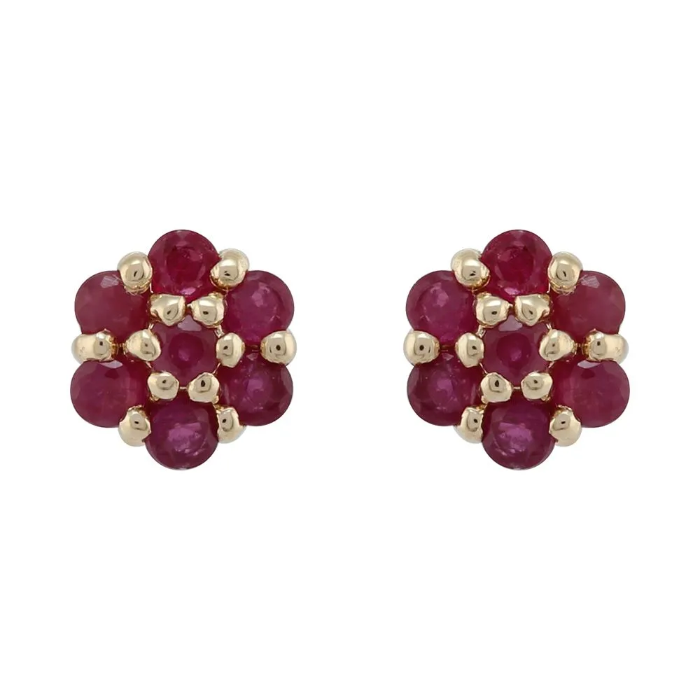 Boucles d'Oreilles Clou Style Floral Or Jaune 375 Rubis Pavé
