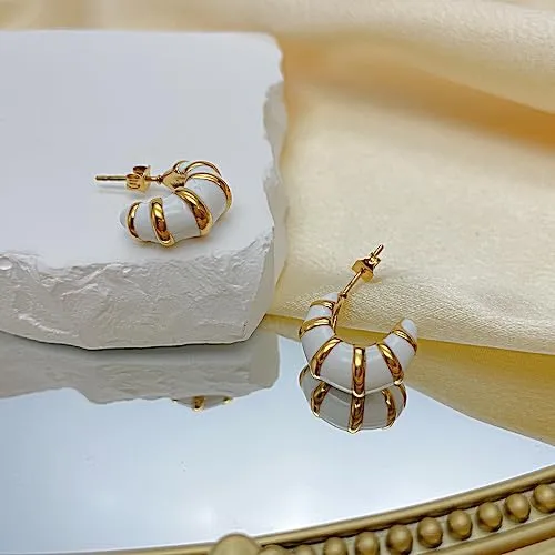 Chunky Gold Hoop Earrings for Women, Trendy Pink/Purple/White/Green Huggie Earrings, Lightweight & Hypoallergenic Titanium Steel Gold Plated Jewelry (white-C)