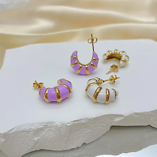Chunky Gold Hoop Earrings for Women, Trendy Pink/Purple/White/Green Huggie Earrings, Lightweight & Hypoallergenic Titanium Steel Gold Plated Jewelry (white-C)