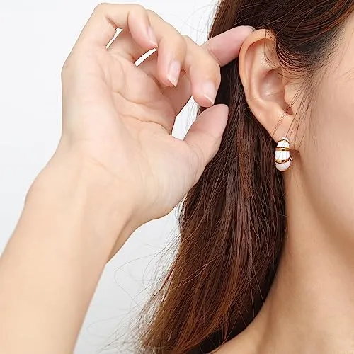 Chunky Gold Hoop Earrings for Women, Trendy Pink/Purple/White/Green Huggie Earrings, Lightweight & Hypoallergenic Titanium Steel Gold Plated Jewelry (white-C)