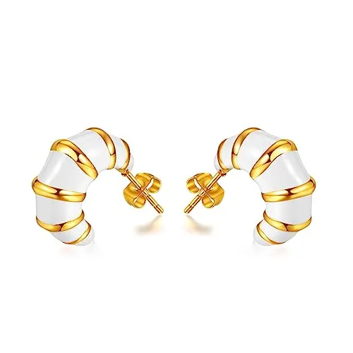 Chunky Gold Hoop Earrings for Women, Trendy Pink/Purple/White/Green Huggie Earrings, Lightweight & Hypoallergenic Titanium Steel Gold Plated Jewelry (white-C)