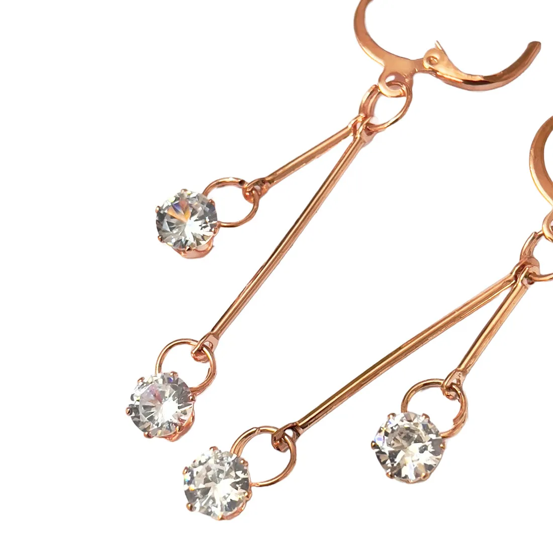 Circular White Crystal Diamante Stud Rose Gold-Toned Hoop Drop Earrings