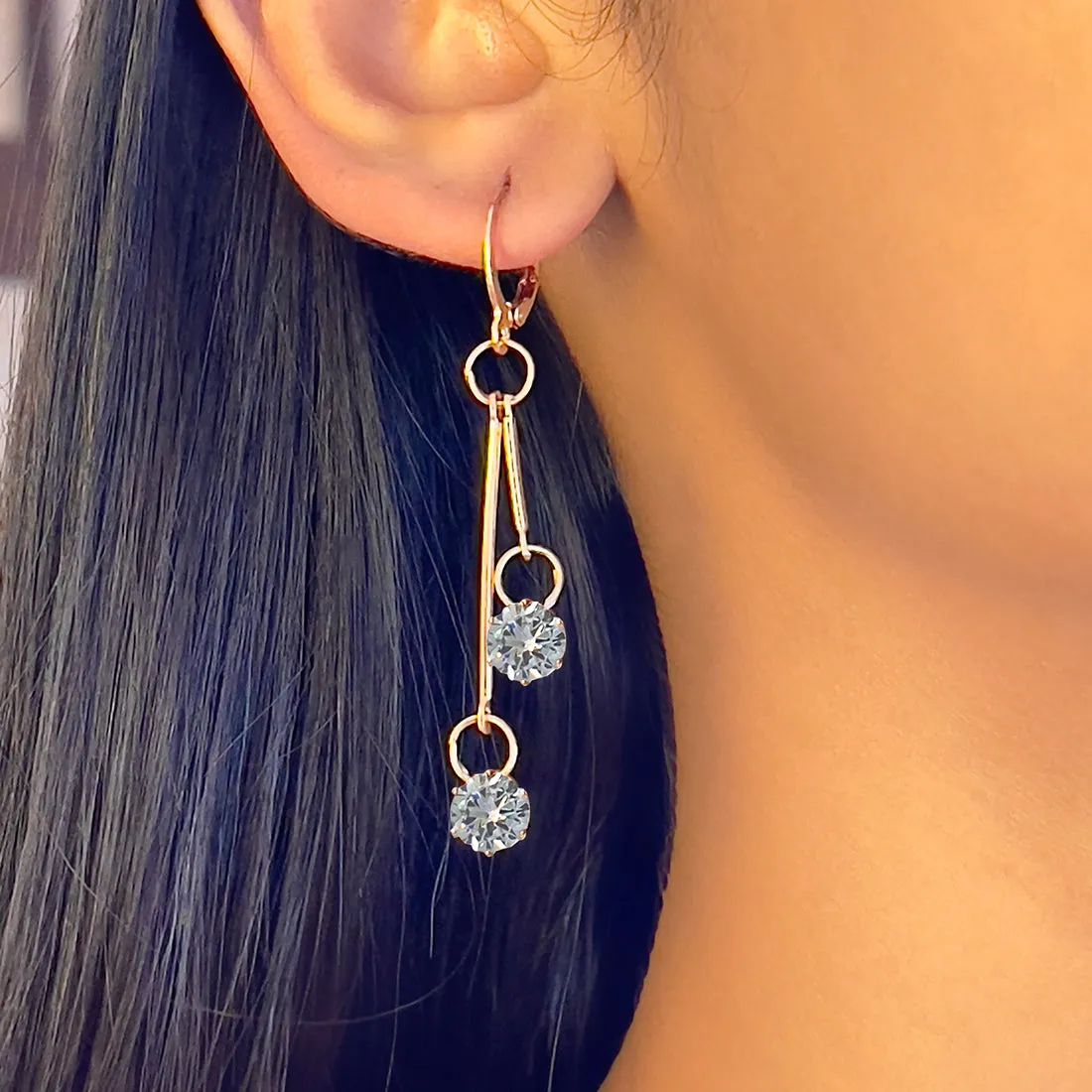 Circular White Crystal Diamante Stud Rose Gold-Toned Hoop Drop Earrings