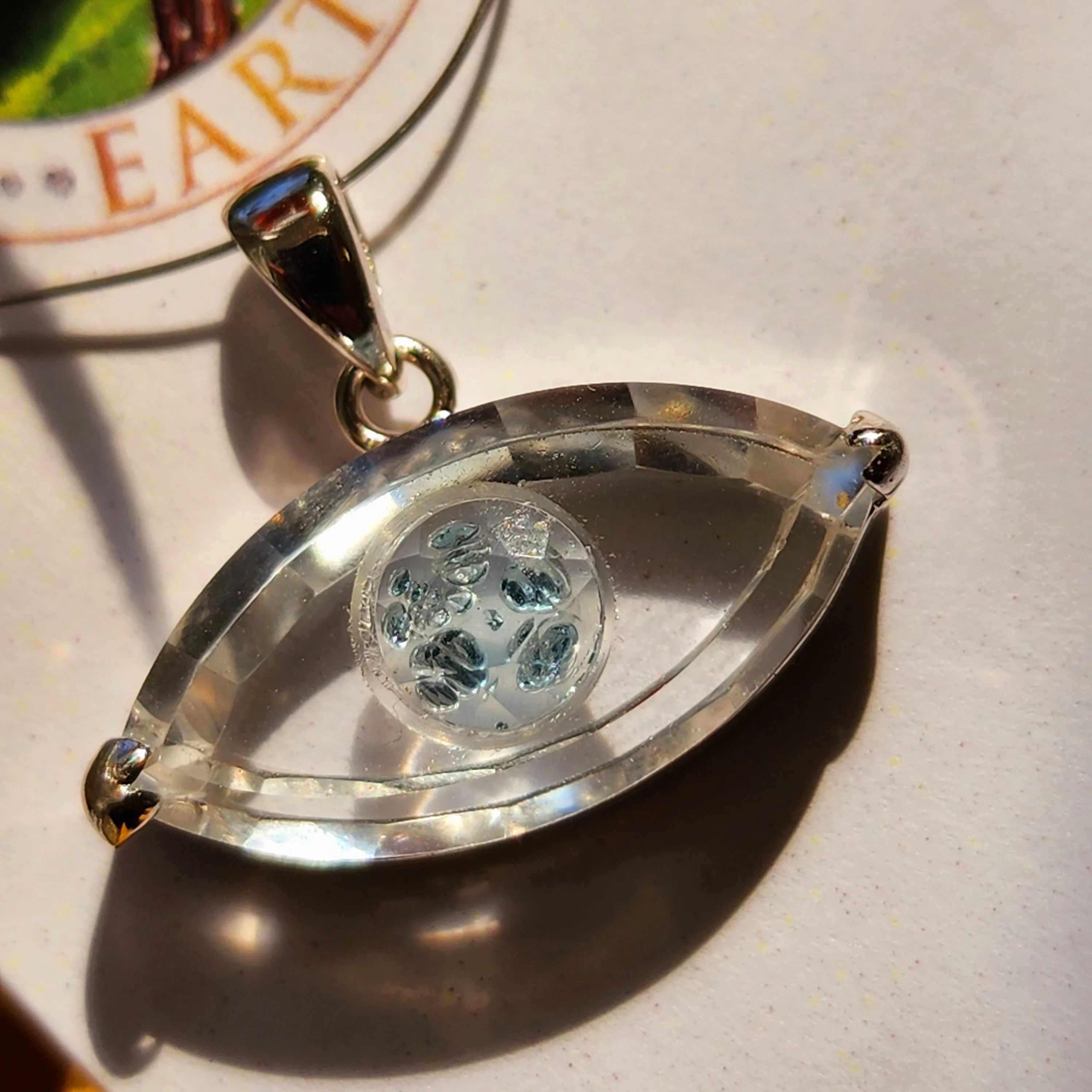 Clear Quartz Evil Eye with Blue Topaz Inlay Pendant .925 Silver for Protection and Manifesting