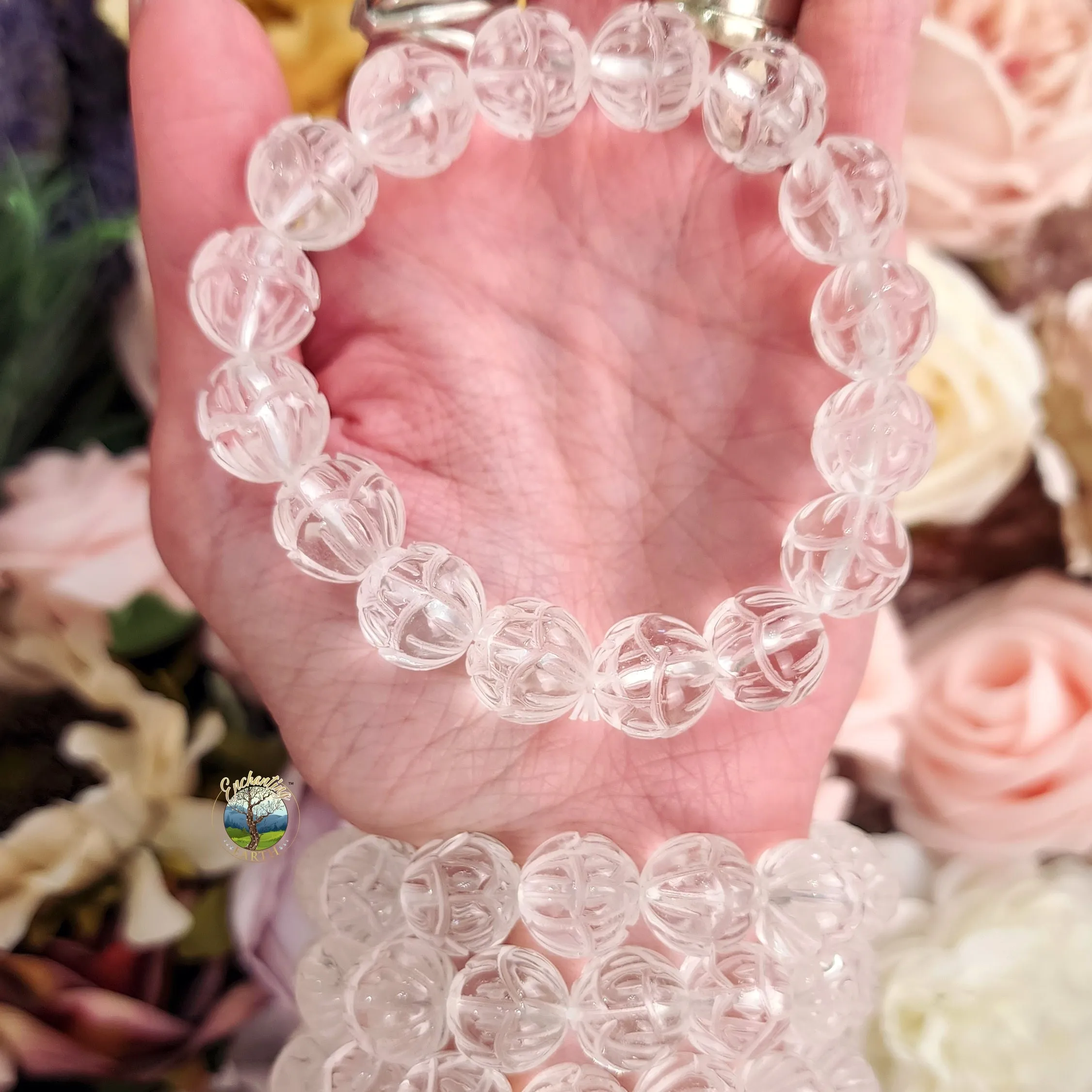 Clear Quartz Lotus Carved Bracelet for Healing, Manifesting and Setting Intentions