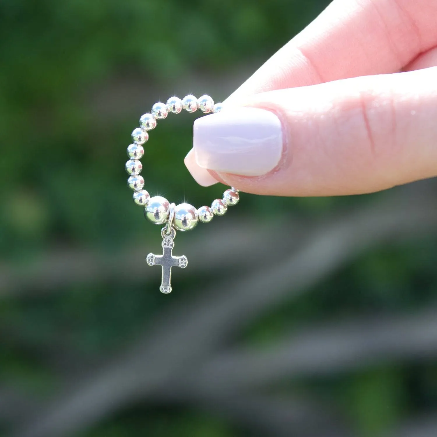 Cross on Silver Ball Bead Ring