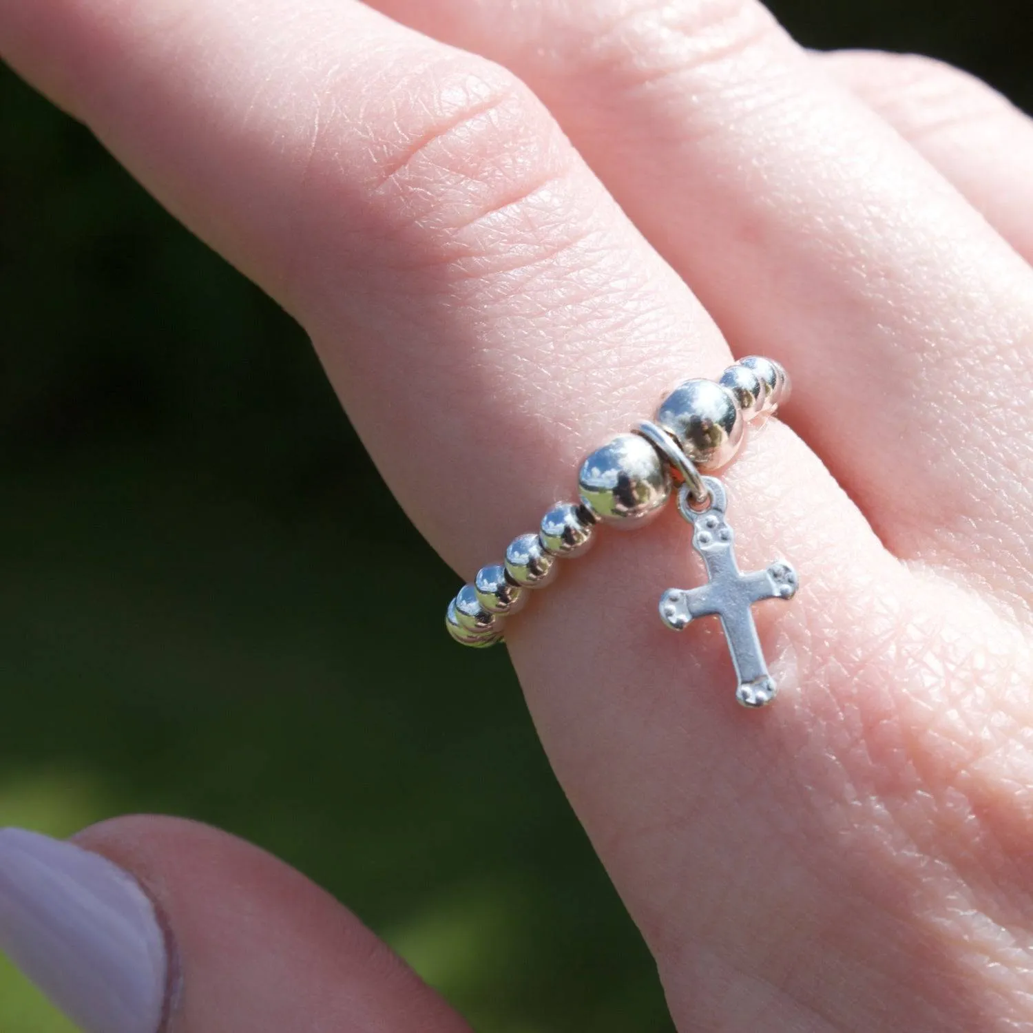 Cross on Silver Ball Bead Ring