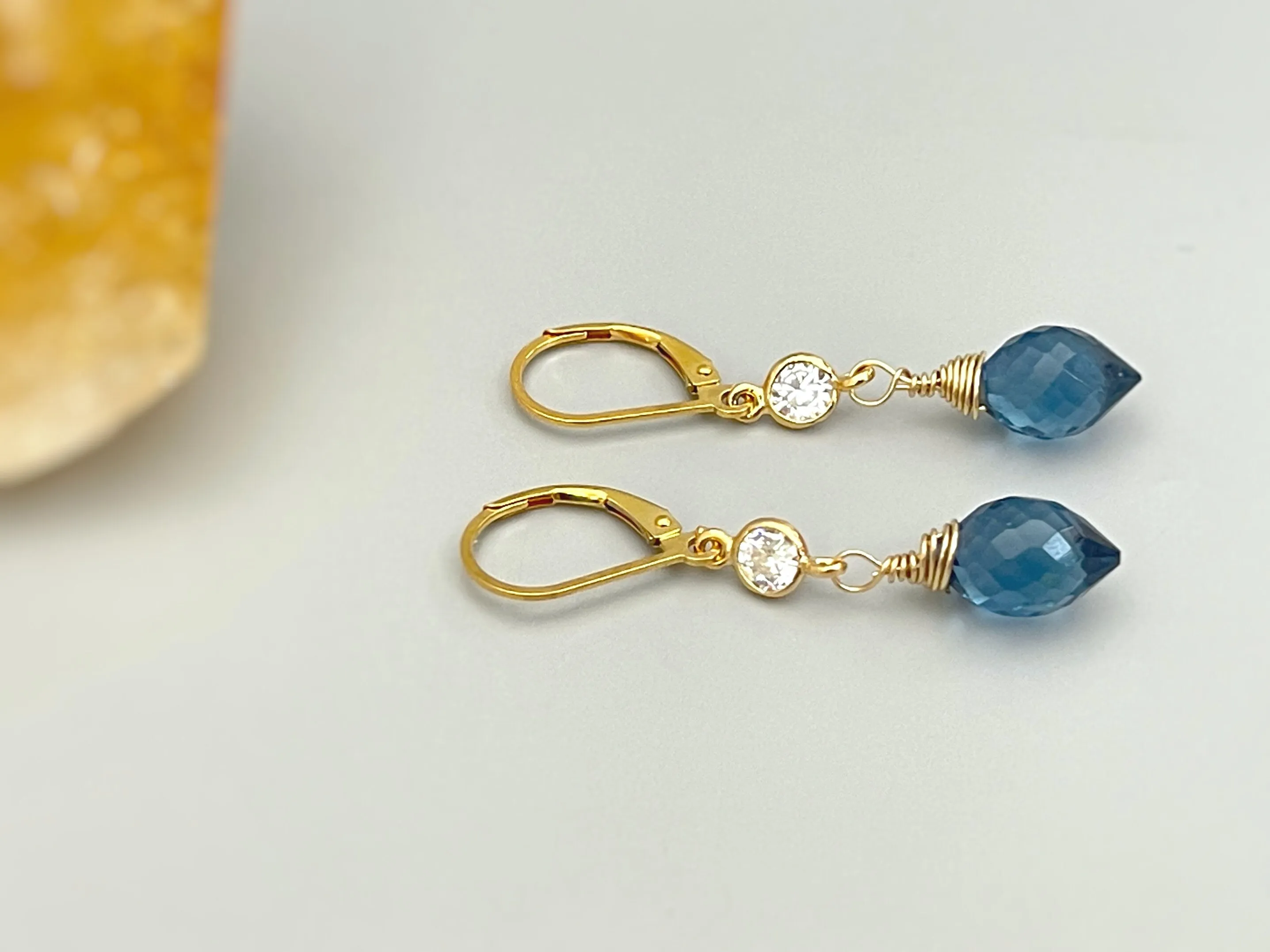 Crystal London Blue Topaz Quartz earrings dangle, drop gold
