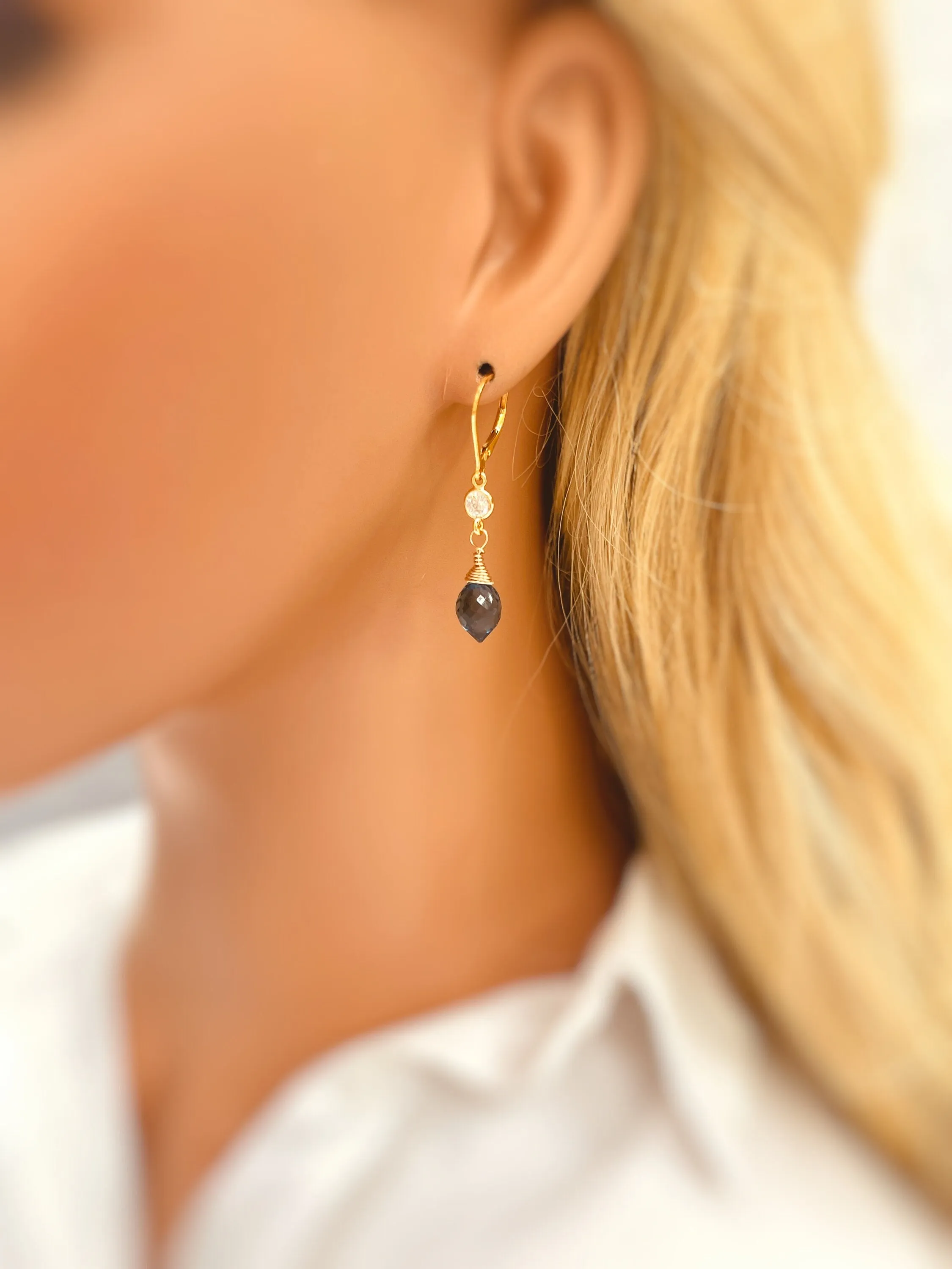 Crystal London Blue Topaz Quartz earrings dangle, drop gold