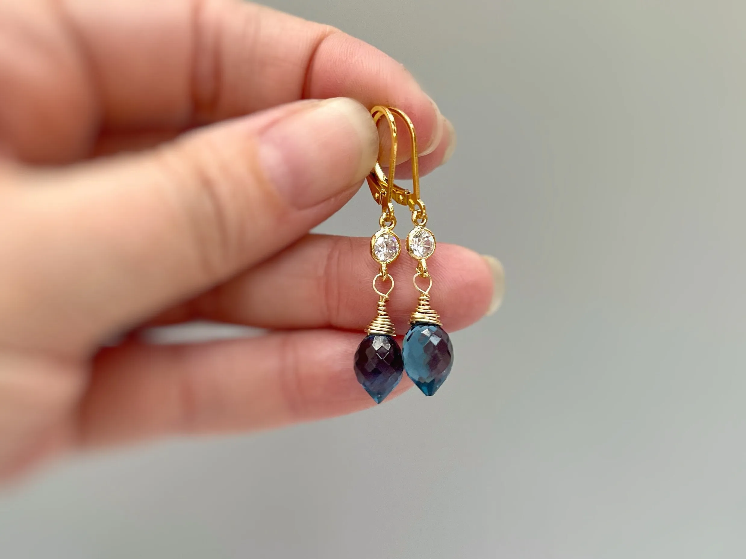 Crystal London Blue Topaz Quartz earrings dangle, drop gold