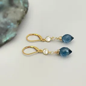 Crystal London Blue Topaz Quartz earrings dangle, drop gold
