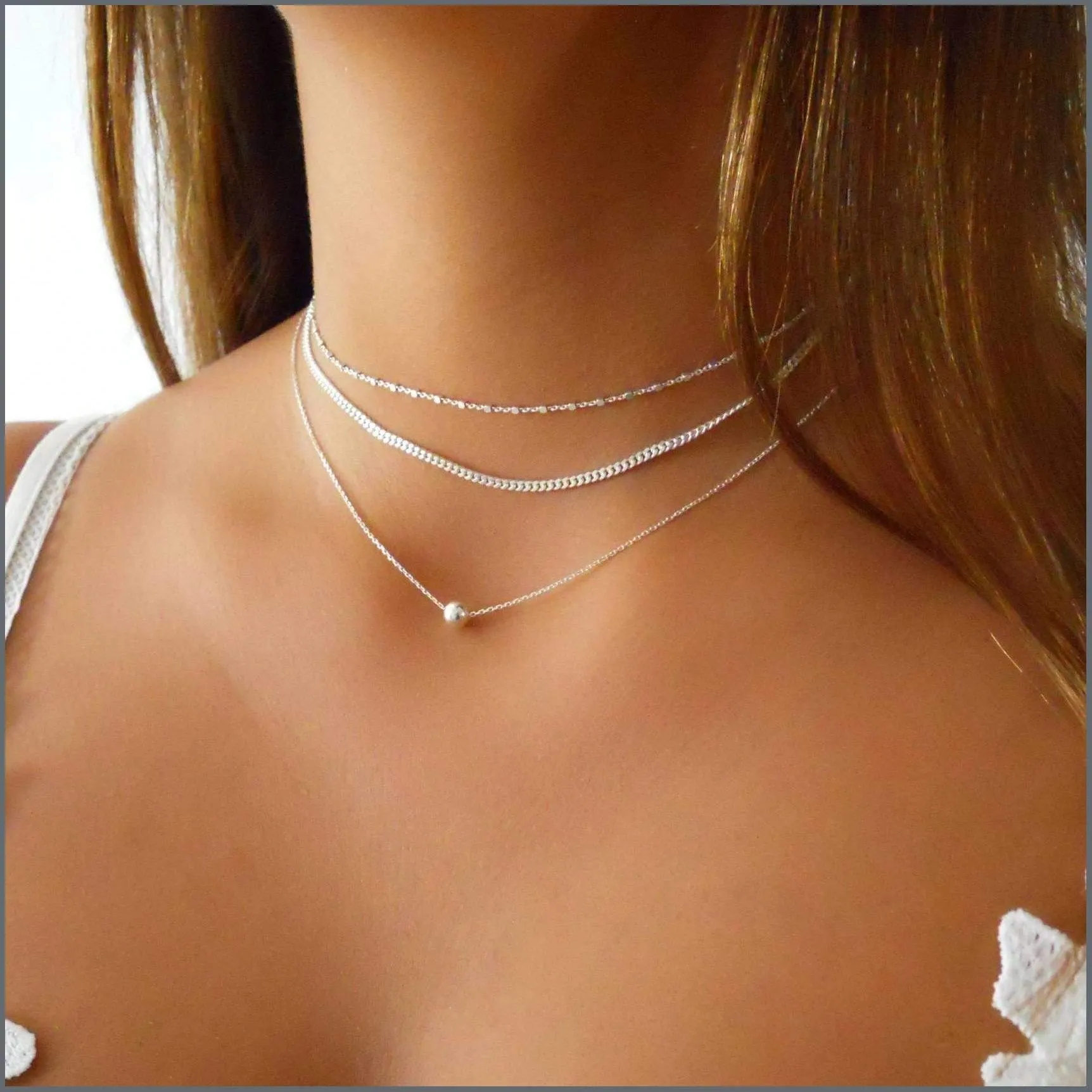 Dainty Sterling Silver Tiny Squares Chain Choker Necklace for Women