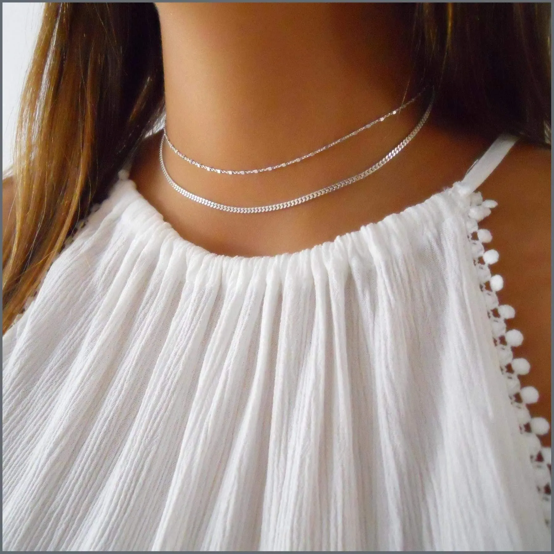 Dainty Sterling Silver Tiny Squares Chain Choker Necklace for Women