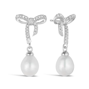 Freshwater Pearl & Cubic Zirconia Bow Drop Earrings in Sterling Silver