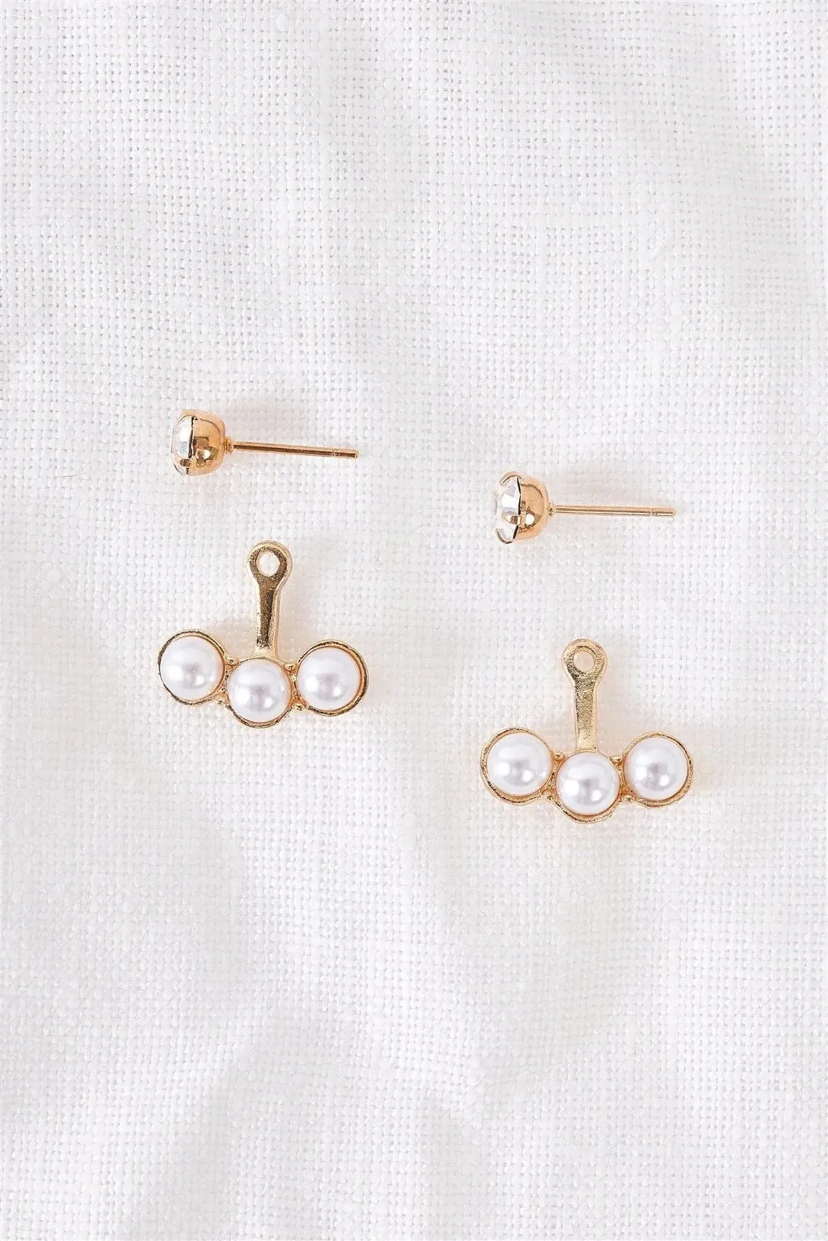 Front Back Gold Triple Pearl Faux Diamond Stud Earrings