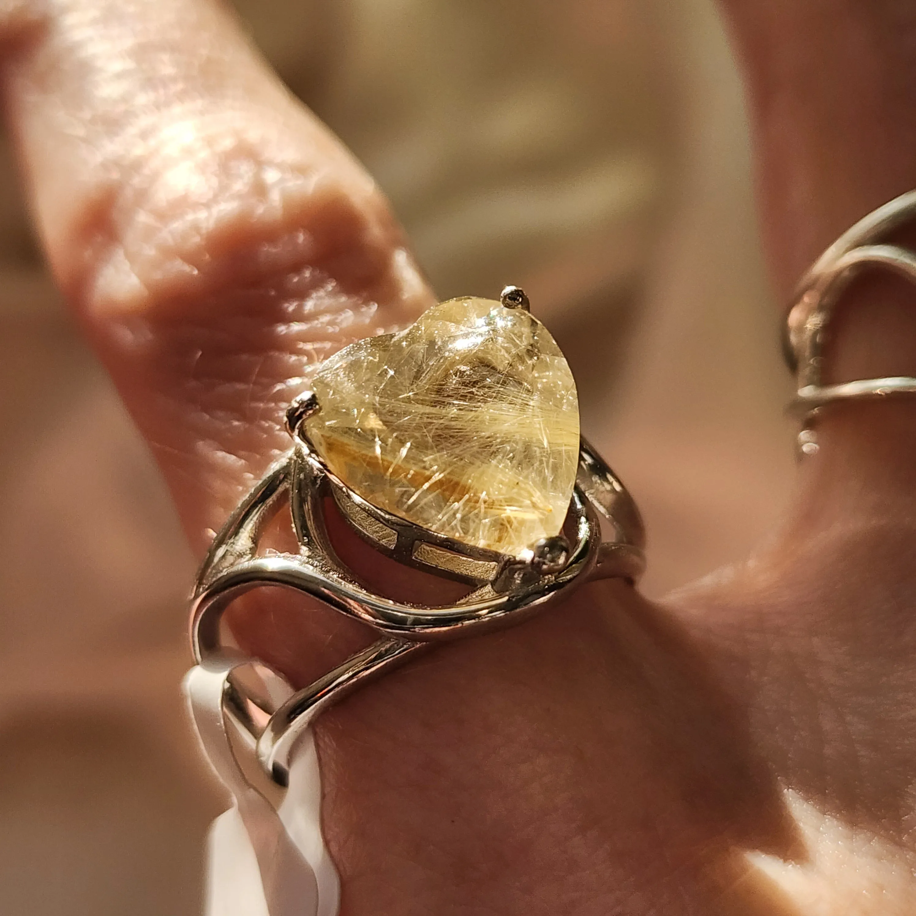 Gold Rutile in Quartz Heart Finger Cuff Adjustable Ring .925 Sterling Silver for Accelerating Manifestations