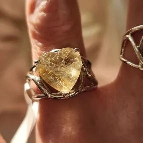 Gold Rutile in Quartz Heart Finger Cuff Adjustable Ring .925 Sterling Silver for Accelerating Manifestations