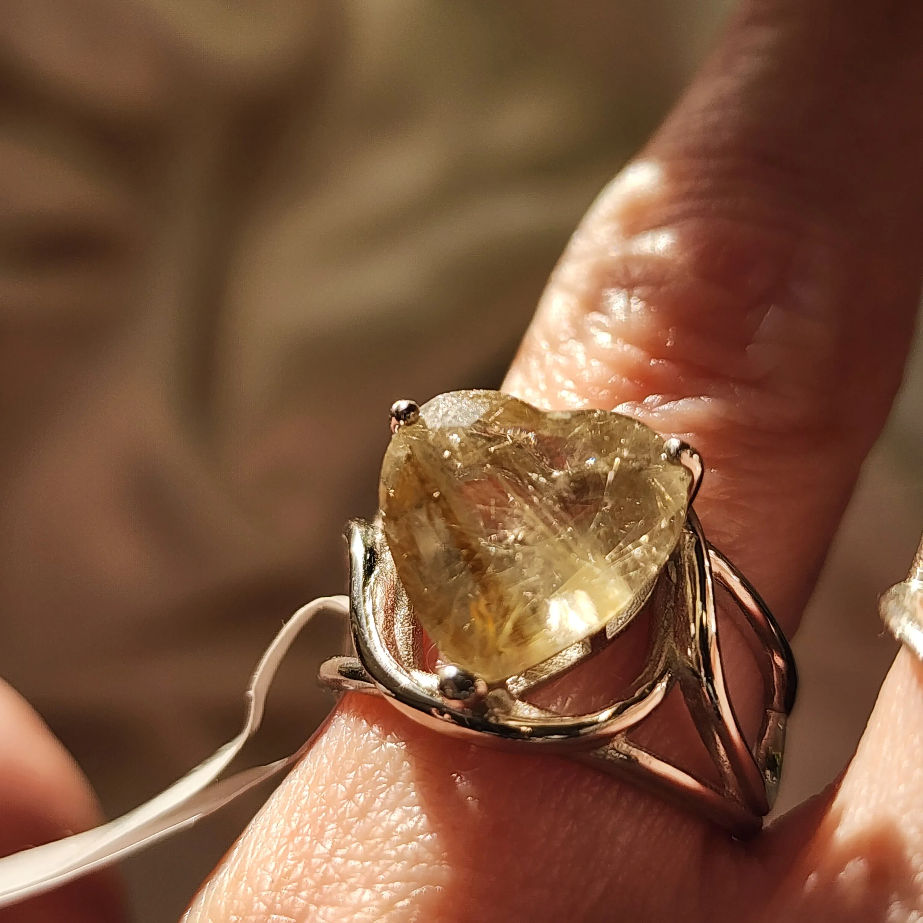 Gold Rutile in Quartz Heart Finger Cuff Adjustable Ring .925 Sterling Silver for Accelerating Manifestations
