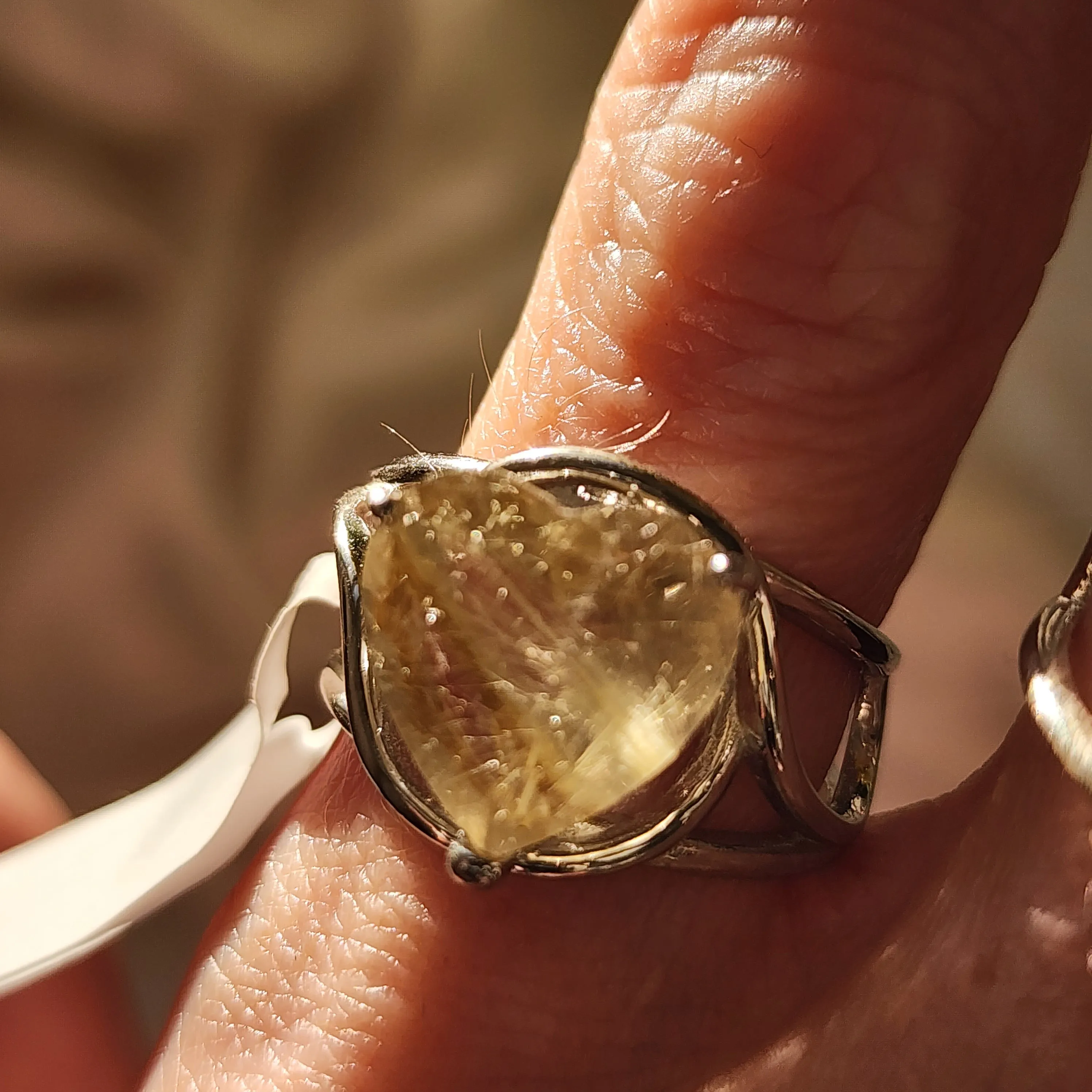 Gold Rutile in Quartz Heart Finger Cuff Adjustable Ring .925 Sterling Silver for Accelerating Manifestations