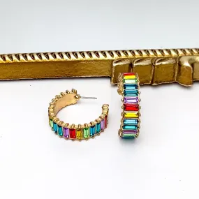 Gold Tone Hoop Earrings With Rectangle Crystals in Multicolor