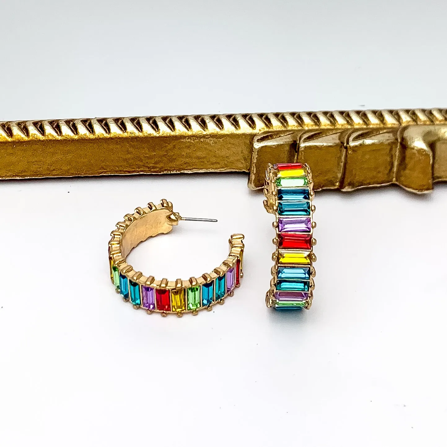 Gold Tone Hoop Earrings With Rectangle Crystals in Multicolor