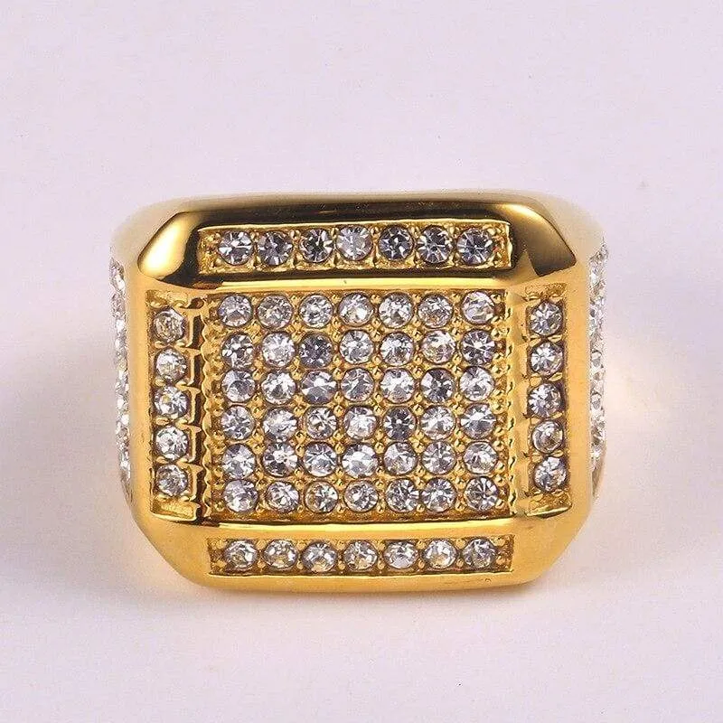 HIP Hop US 7 to 12 size Bling Iced Out Square Ring with zircon Gold Silver Color Stainless Steel Wedding Rings For Men Jewelry