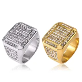 HIP Hop US 7 to 12 size Bling Iced Out Square Ring with zircon Gold Silver Color Stainless Steel Wedding Rings For Men Jewelry
