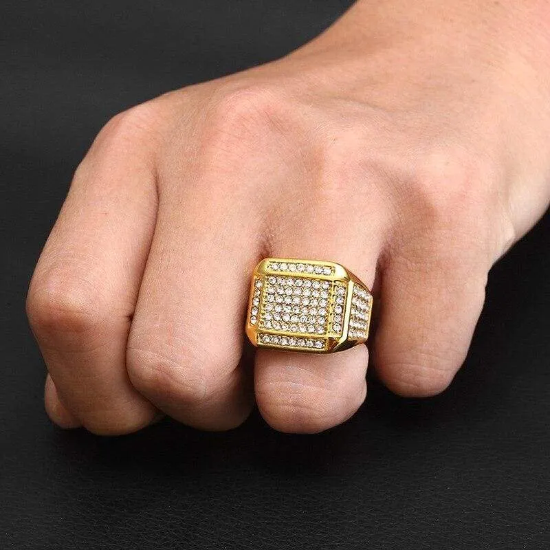 HIP Hop US 7 to 12 size Bling Iced Out Square Ring with zircon Gold Silver Color Stainless Steel Wedding Rings For Men Jewelry