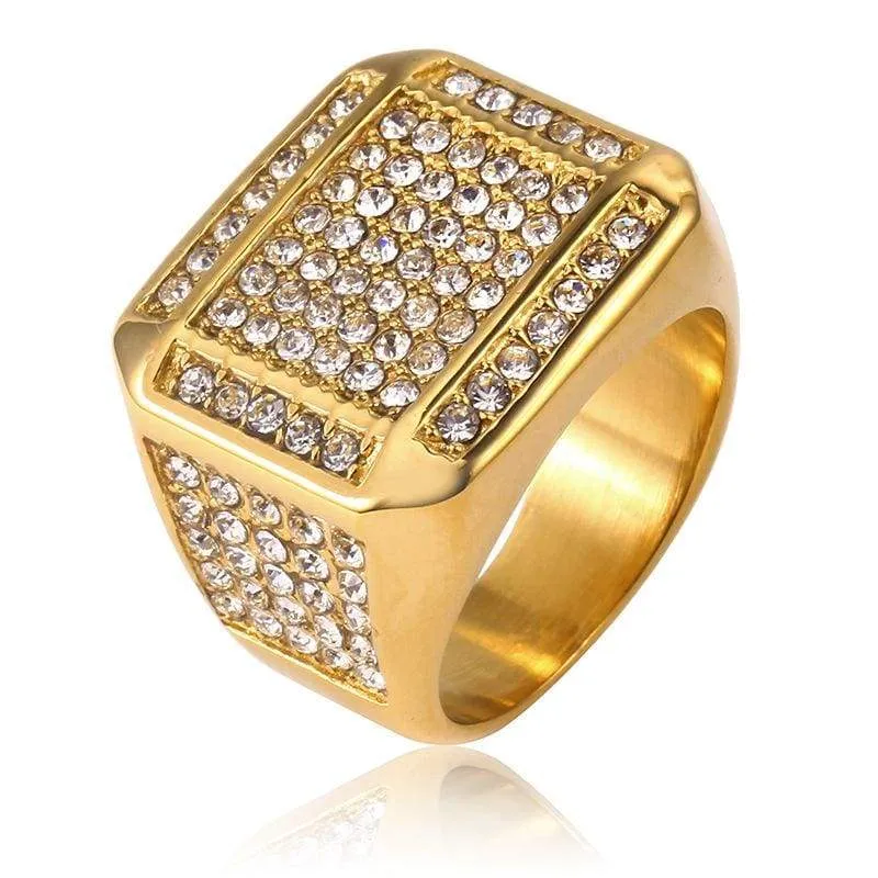 HIP Hop US 7 to 12 size Bling Iced Out Square Ring with zircon Gold Silver Color Stainless Steel Wedding Rings For Men Jewelry