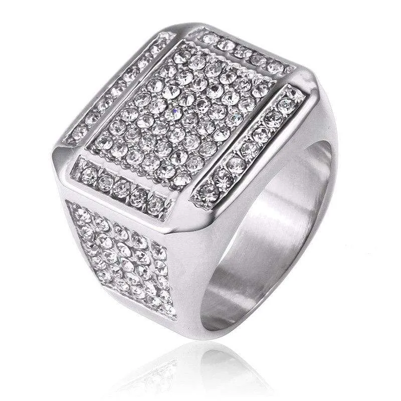 HIP Hop US 7 to 12 size Bling Iced Out Square Ring with zircon Gold Silver Color Stainless Steel Wedding Rings For Men Jewelry