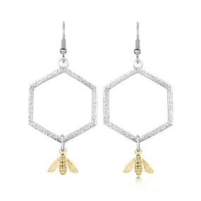 Honeycomb Large Drop Earrings with 9ct Yellow Gold Bee