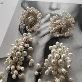 Korean Vintage Pearl Fireworks Flower Exaggerate Stud Earrings For Women