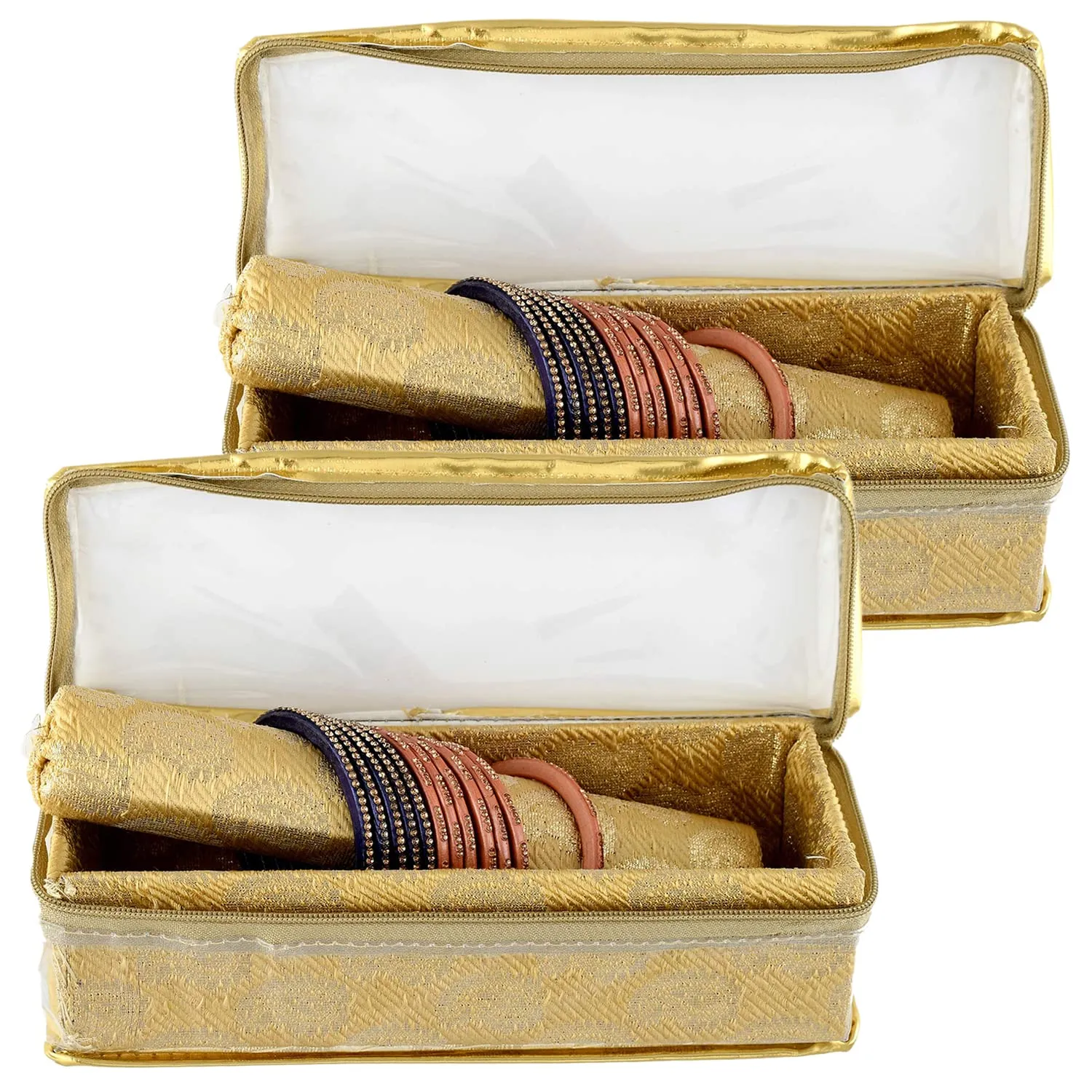 Kuber Industries Carry Design Laminated 1 Rod Box, Organizer For Bangle, Watches, Bracelets, Jewellery With Tranasparent Top - Pack of 2 (Gold)-47KM028