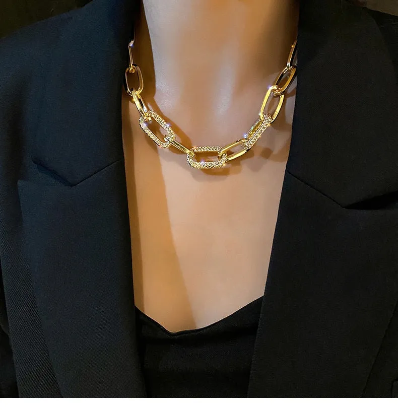 Ladies Gold Silver Thick Rectangular Link Chain Crystal Choker Necklace