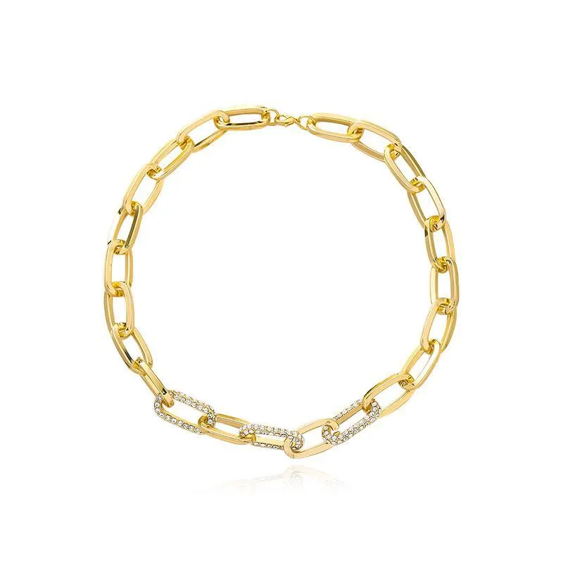 Ladies Gold Silver Thick Rectangular Link Chain Crystal Choker Necklace