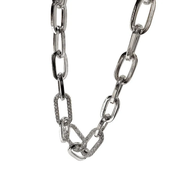 Ladies Gold Silver Thick Rectangular Link Chain Crystal Choker Necklace
