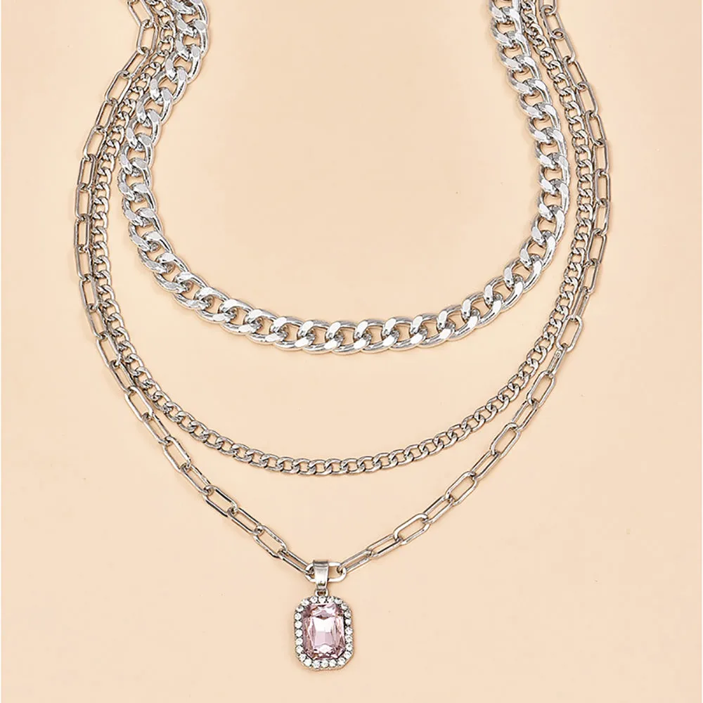 Ladies Silver 3Tier Multi Layer Circle Link Rectangular Crystal Pendant Necklace