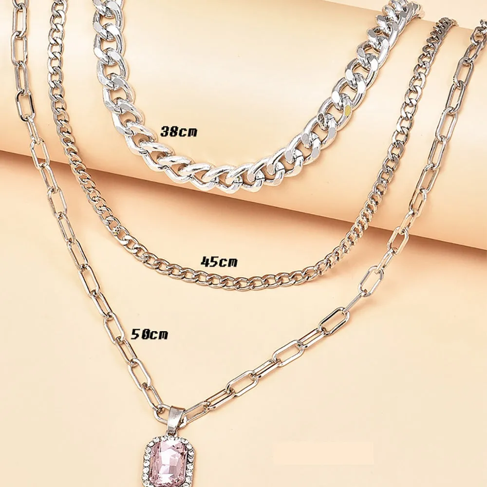 Ladies Silver 3Tier Multi Layer Circle Link Rectangular Crystal Pendant Necklace