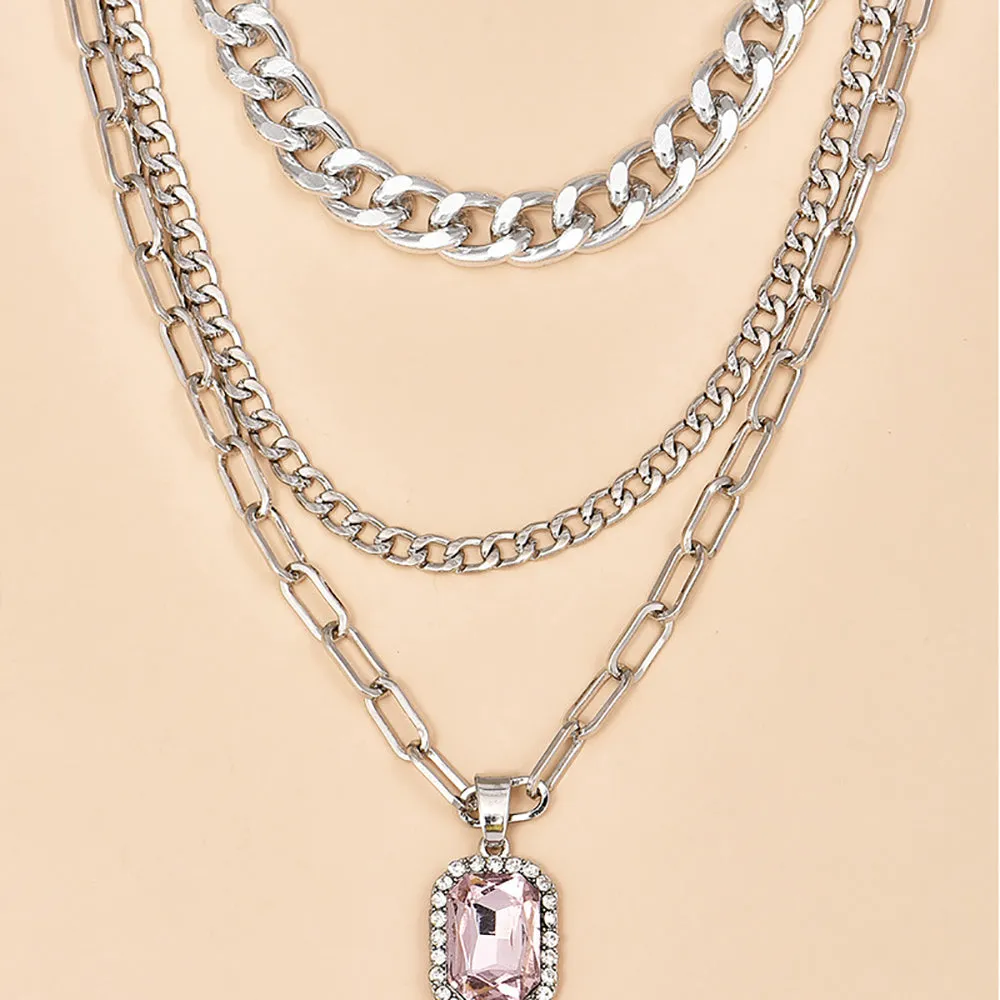 Ladies Silver 3Tier Multi Layer Circle Link Rectangular Crystal Pendant Necklace