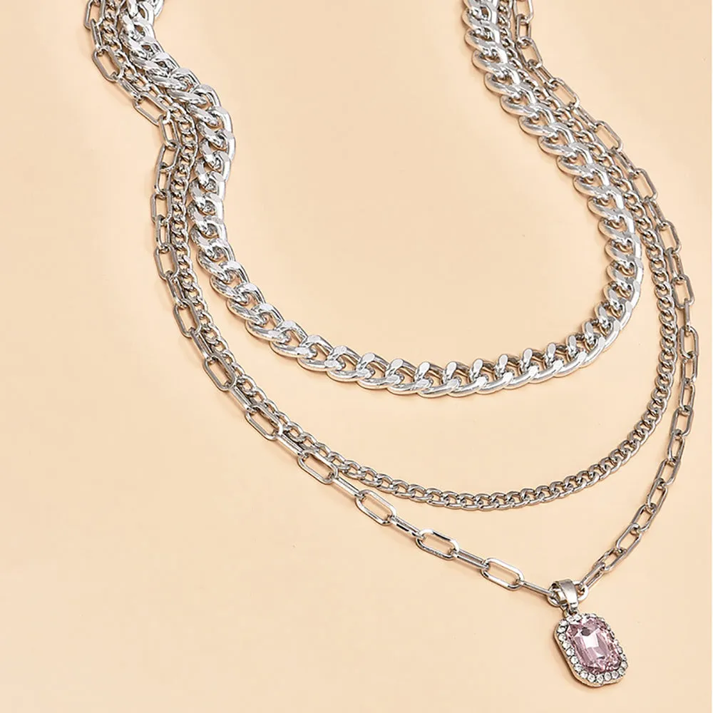 Ladies Silver 3Tier Multi Layer Circle Link Rectangular Crystal Pendant Necklace