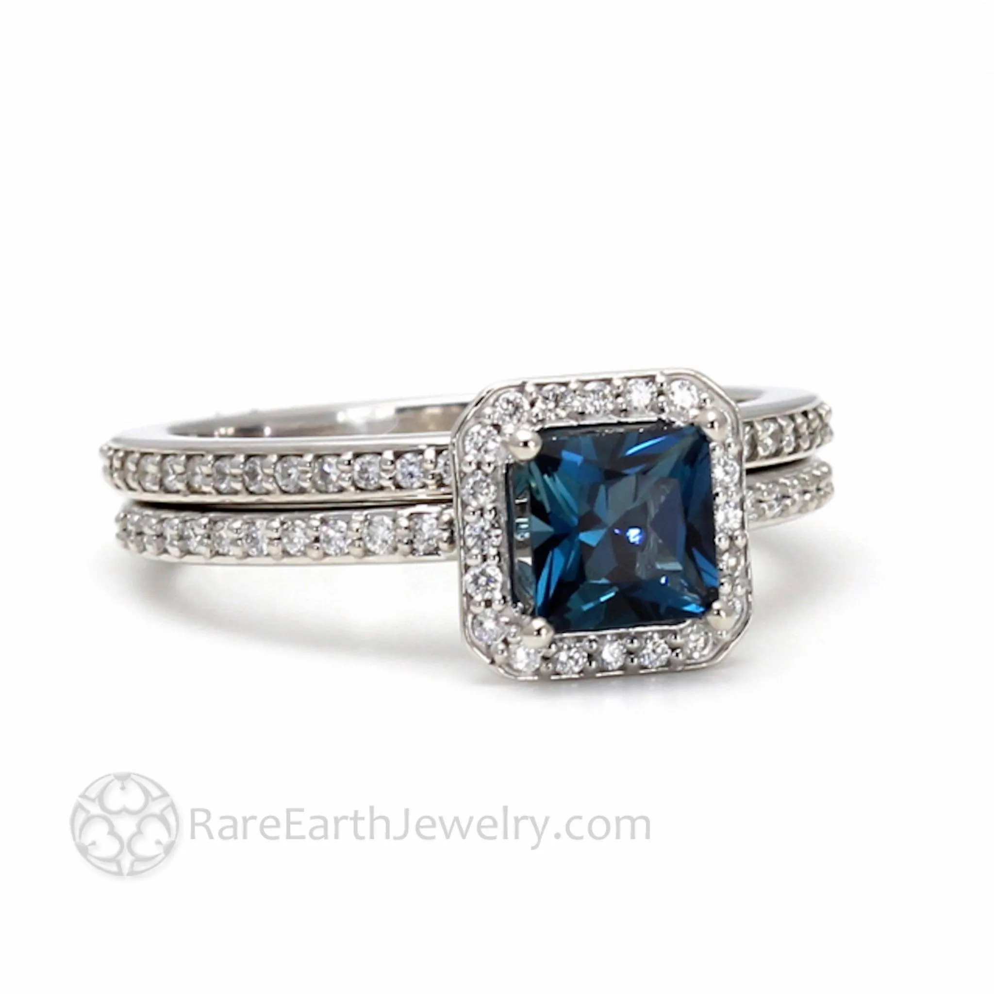 London Blue Topaz Engagement Ring Square Princess Cut Halo