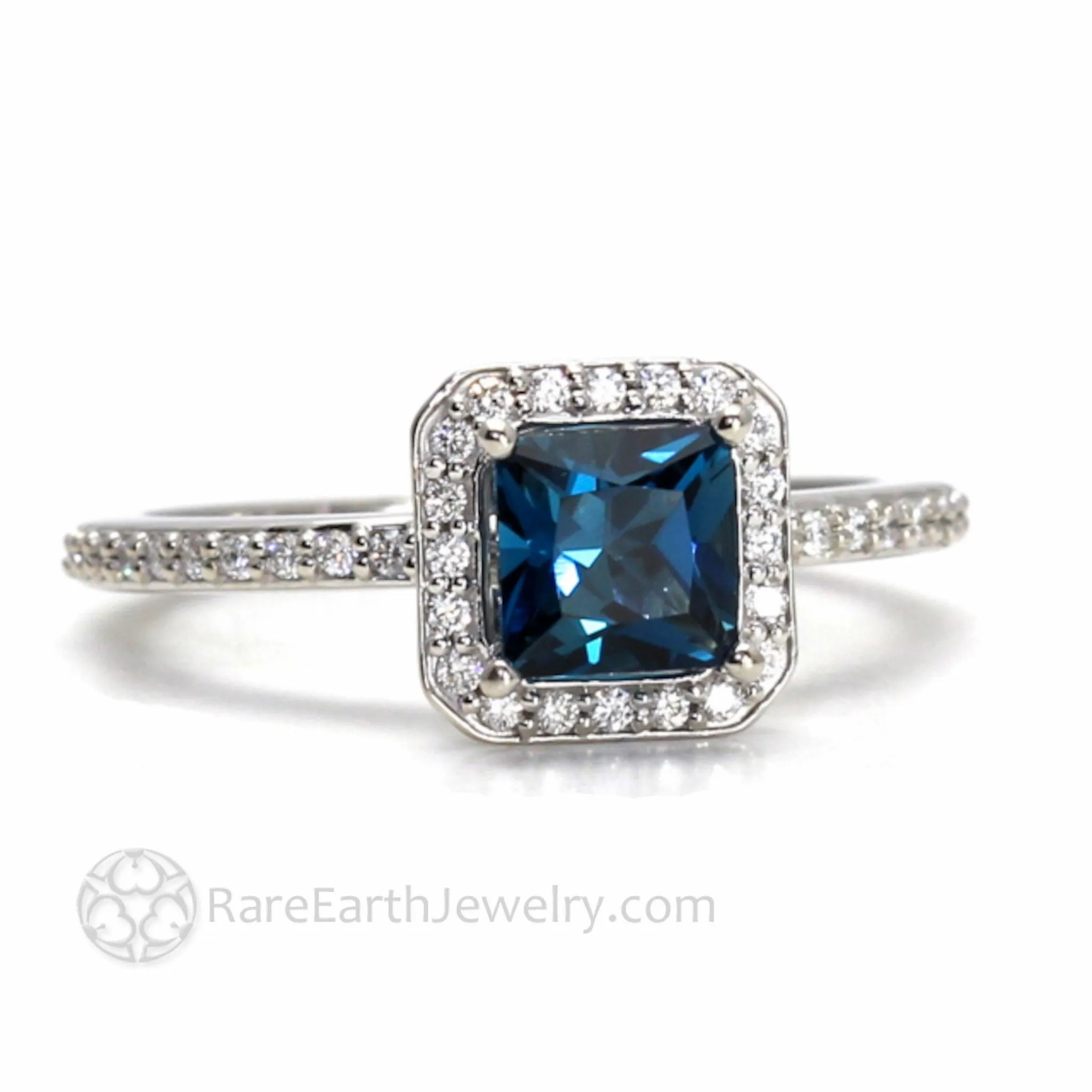 London Blue Topaz Engagement Ring Square Princess Cut Halo