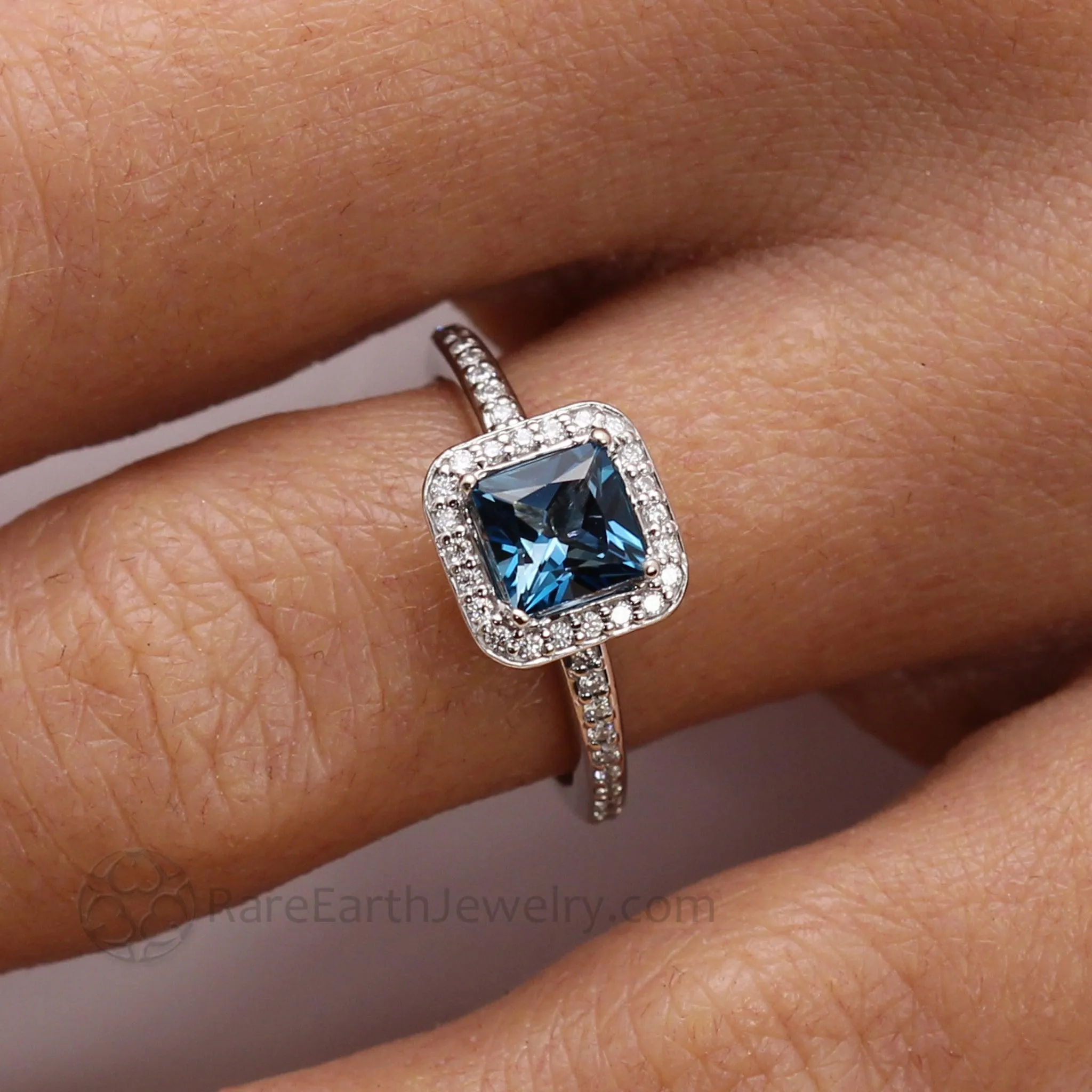 London Blue Topaz Engagement Ring Square Princess Cut Halo