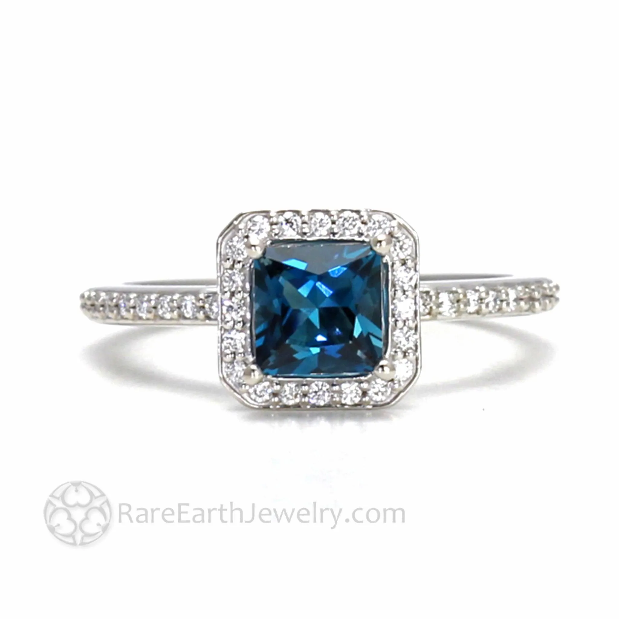 London Blue Topaz Engagement Ring Square Princess Cut Halo