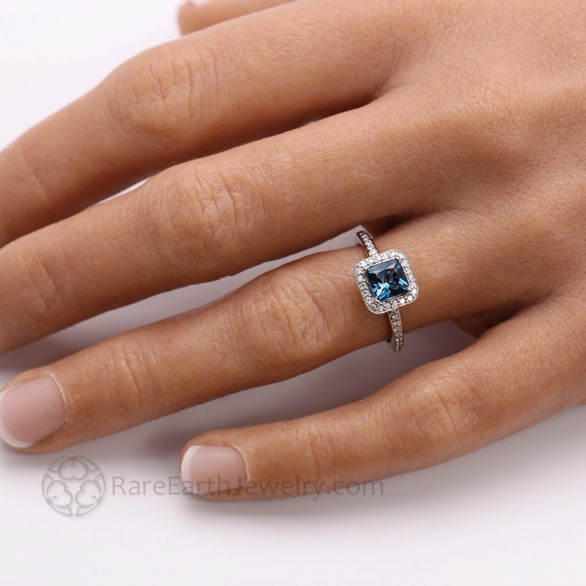 London Blue Topaz Engagement Ring Square Princess Cut Halo