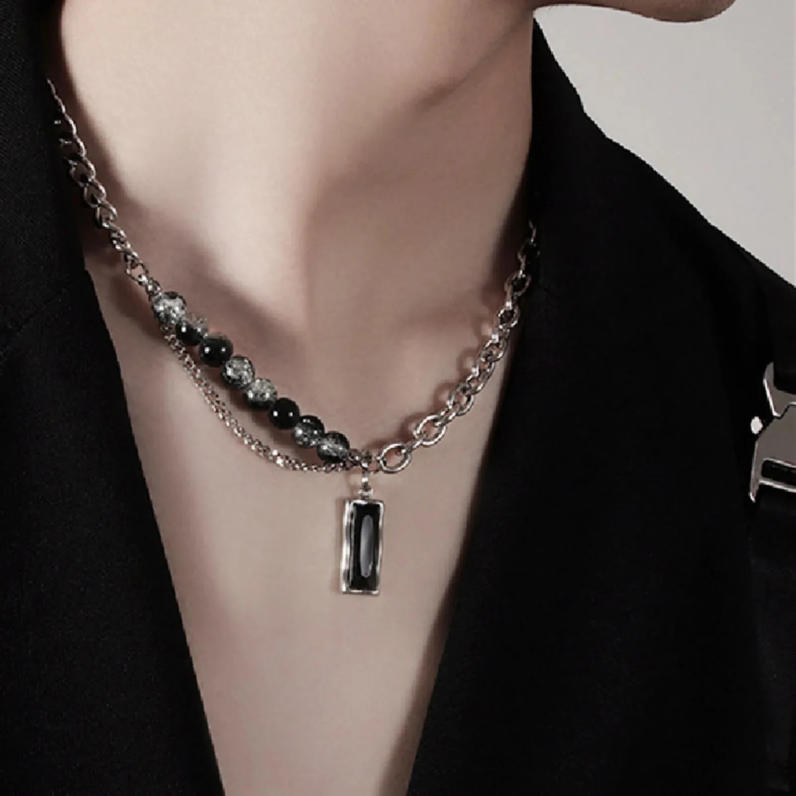 Men Stylish Black Stone Choker Necklaces,Chic Double Layers Chain Collar