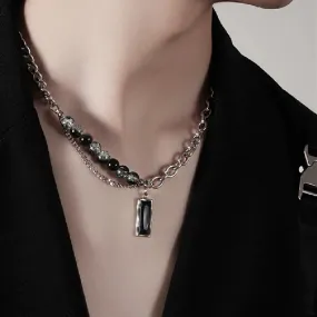 Men Stylish Black Stone Choker Necklaces,Chic Double Layers Chain Collar