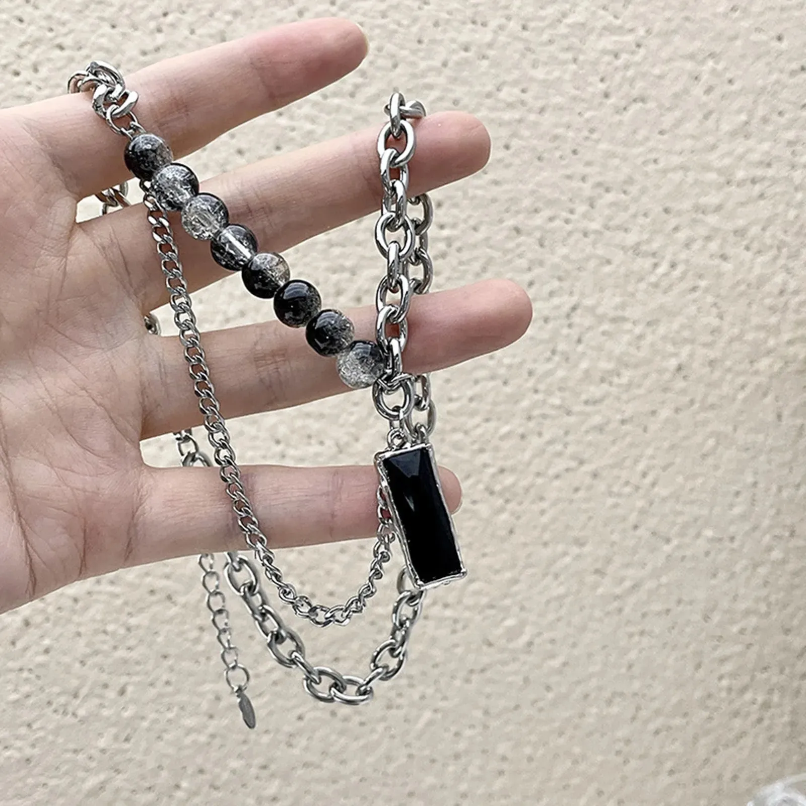 Men Stylish Black Stone Choker Necklaces,Chic Double Layers Chain Collar