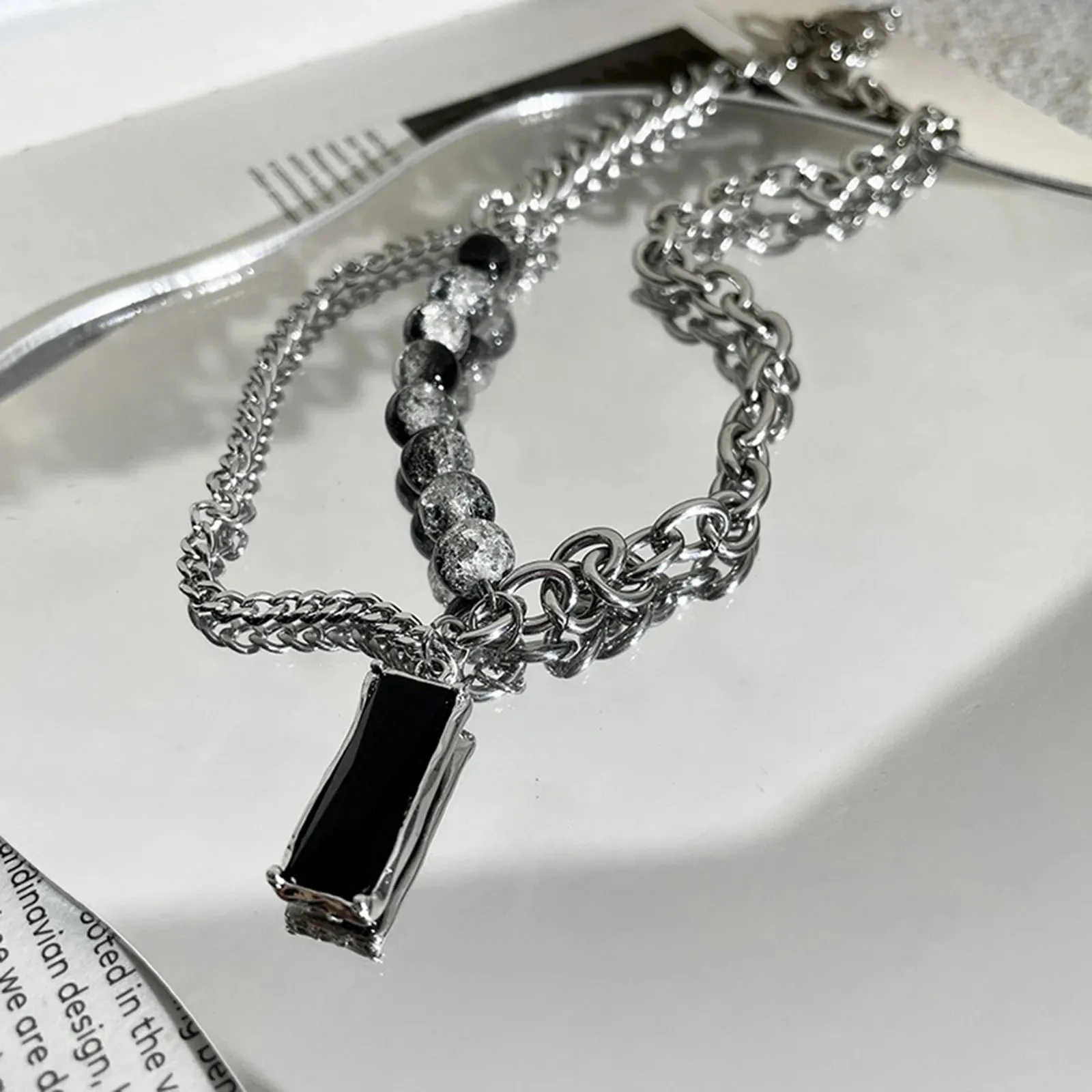 Men Stylish Black Stone Choker Necklaces,Chic Double Layers Chain Collar