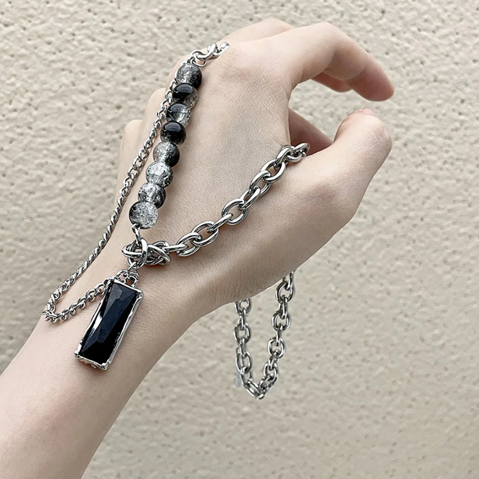 Men Stylish Black Stone Choker Necklaces,Chic Double Layers Chain Collar